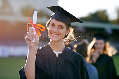 Buy stock photo Smile, university and portrait of woman on campus for education, college and academic success. Happy, award or study with student for graduation, degree or scholarship achievement for learning growth