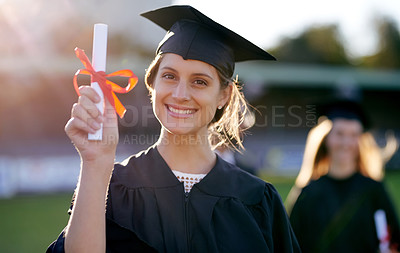 Buy stock photo Certificate, graduation and portrait of woman on campus for education, college and academic. Happy, award or study with student for university, degree or scholarship achievement for learning growth