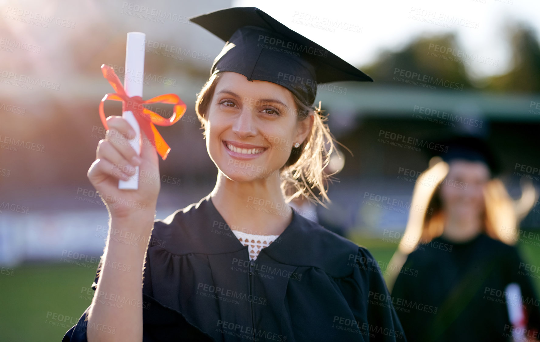 Buy stock photo Certificate, graduation and portrait of woman on campus for education, college and academic. Happy, award or study with student for university, degree or scholarship achievement for learning growth