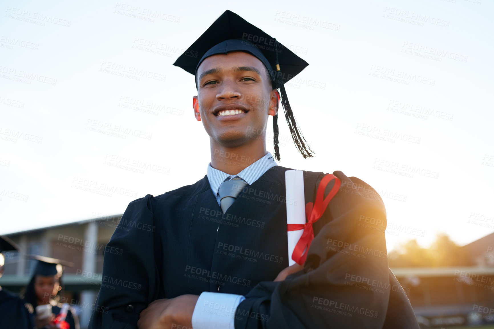 Buy stock photo Smile, graduation and black man portrait on campus for education, college or academic success. Happy, award or study with student for university, degree or scholarship achievement for learning growth