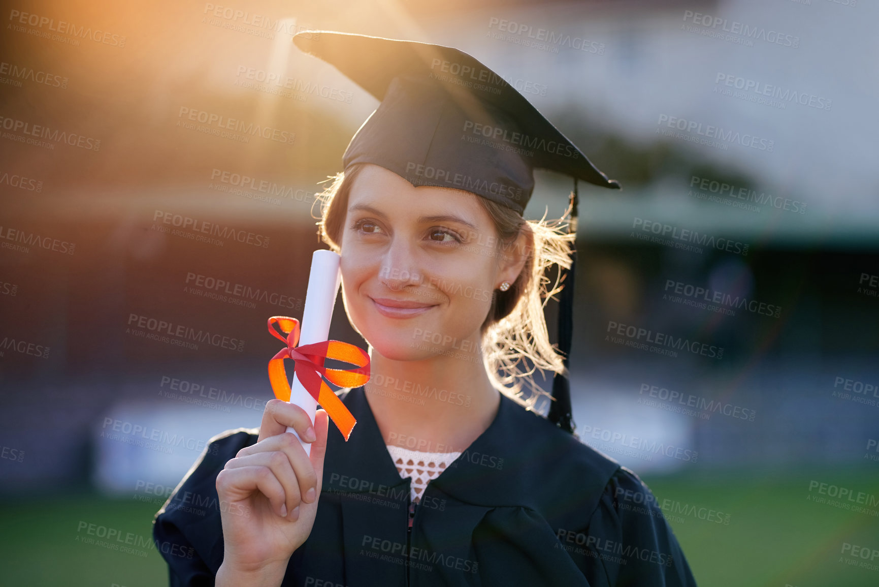 Buy stock photo Happy woman, student and graduation with certificate for academic achievement or qualification at ceremony. Young, female person or graduate with smile for milestone, scholarship or university degree