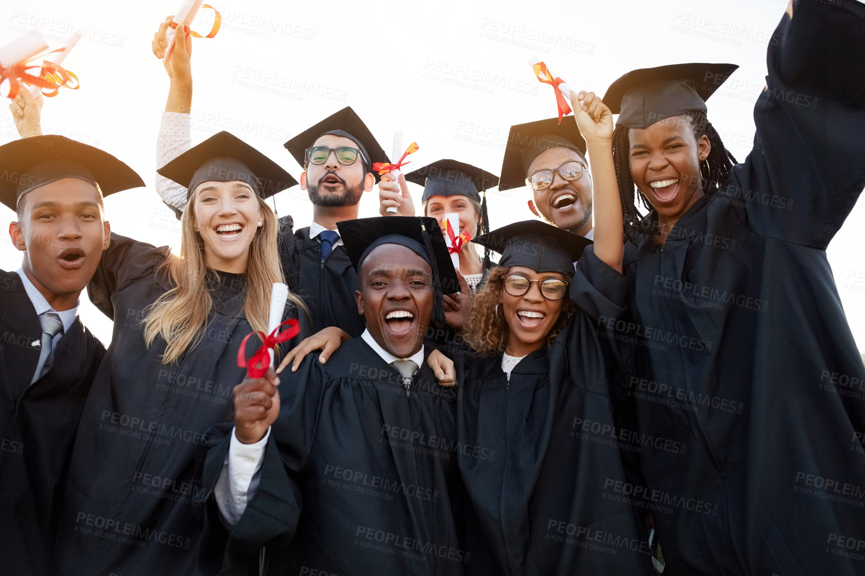 Buy stock photo Students, people and campus graduation with diploma, excited and university farewell for education or knowledge scholarship. Celebration ceremony, achievement and friends, academic and success