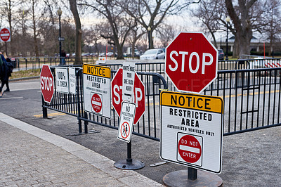 Buy stock photo Shot of a bunch of signs all grouped together 