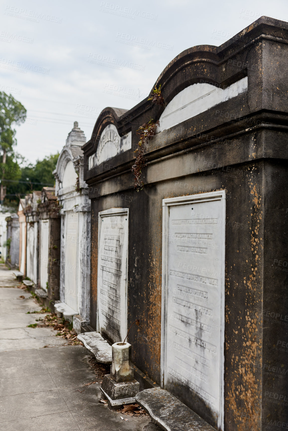 Buy stock photo Ancient, history and tombstone outdoor in cemetery for spiritual memory, remembrance and resting place. Headstone moss, monument and grave of departed in public graveyard for memorial, burial or loss