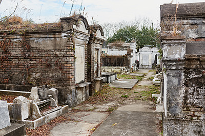Buy stock photo Shot of tombstones in a graveyard