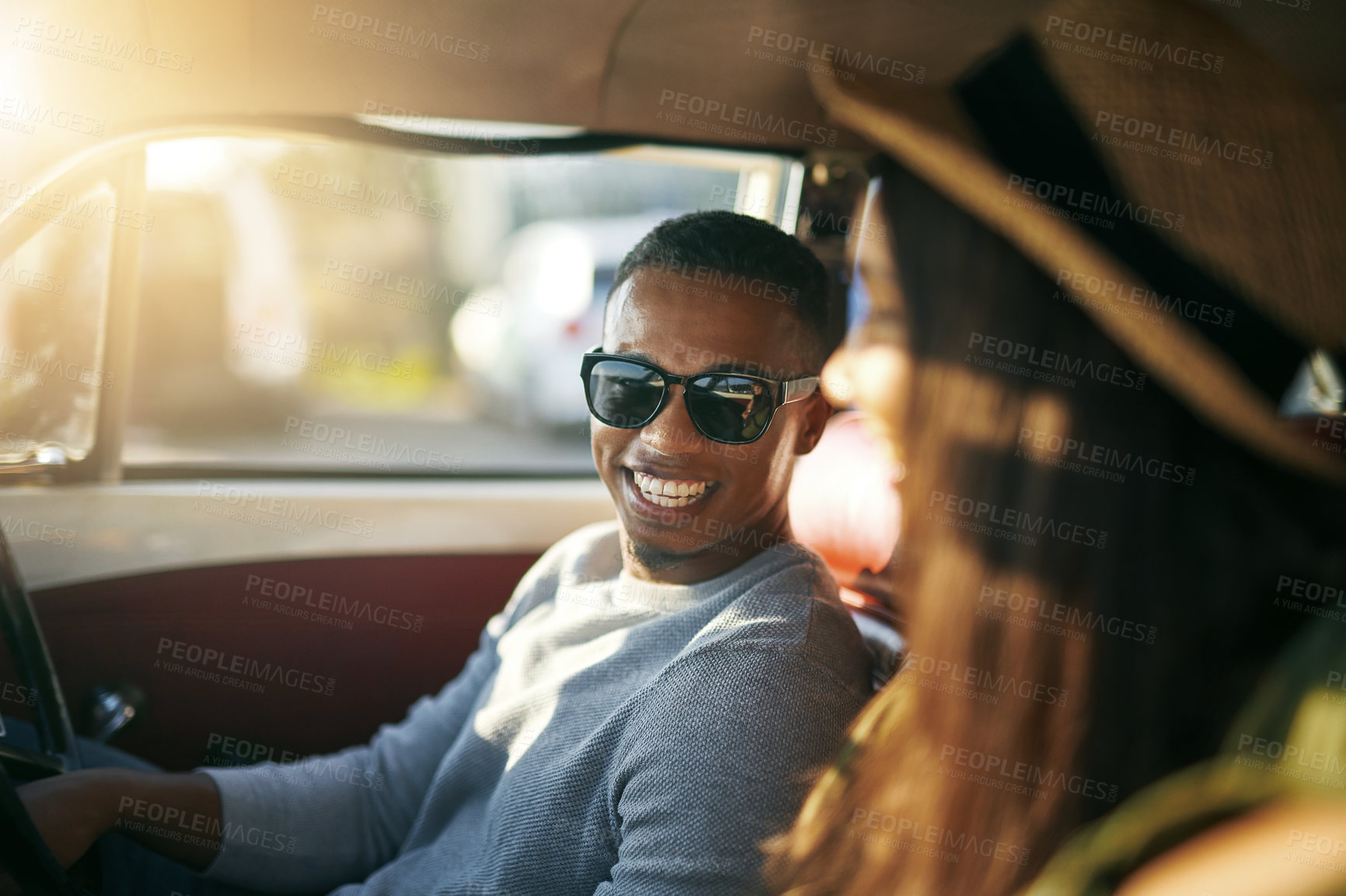 Buy stock photo Couple, people and happy in car for road trip on journey, adventure and travel for bonding. Love, relationship and laugh or smile in vehicle with transportation, drive and vacation for rest and break