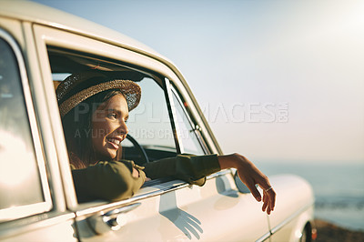 Buy stock photo Cropped shot of a woman out on a road trip
