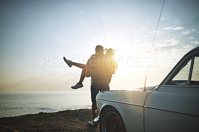 Buy stock photo Back, carry and road trip with couple at ocean together for holiday, travel or vacation in nature. Adventure, lifting or love with man and woman bonding outdoor for anniversary, honeymoon or romance