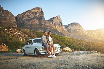 Buy stock photo Car, road trip and view with couple at ocean together for holiday, travel or vacation in nature. Adventure, bonding or relax with man and woman outdoor for anniversary, honeymoon or summer romance