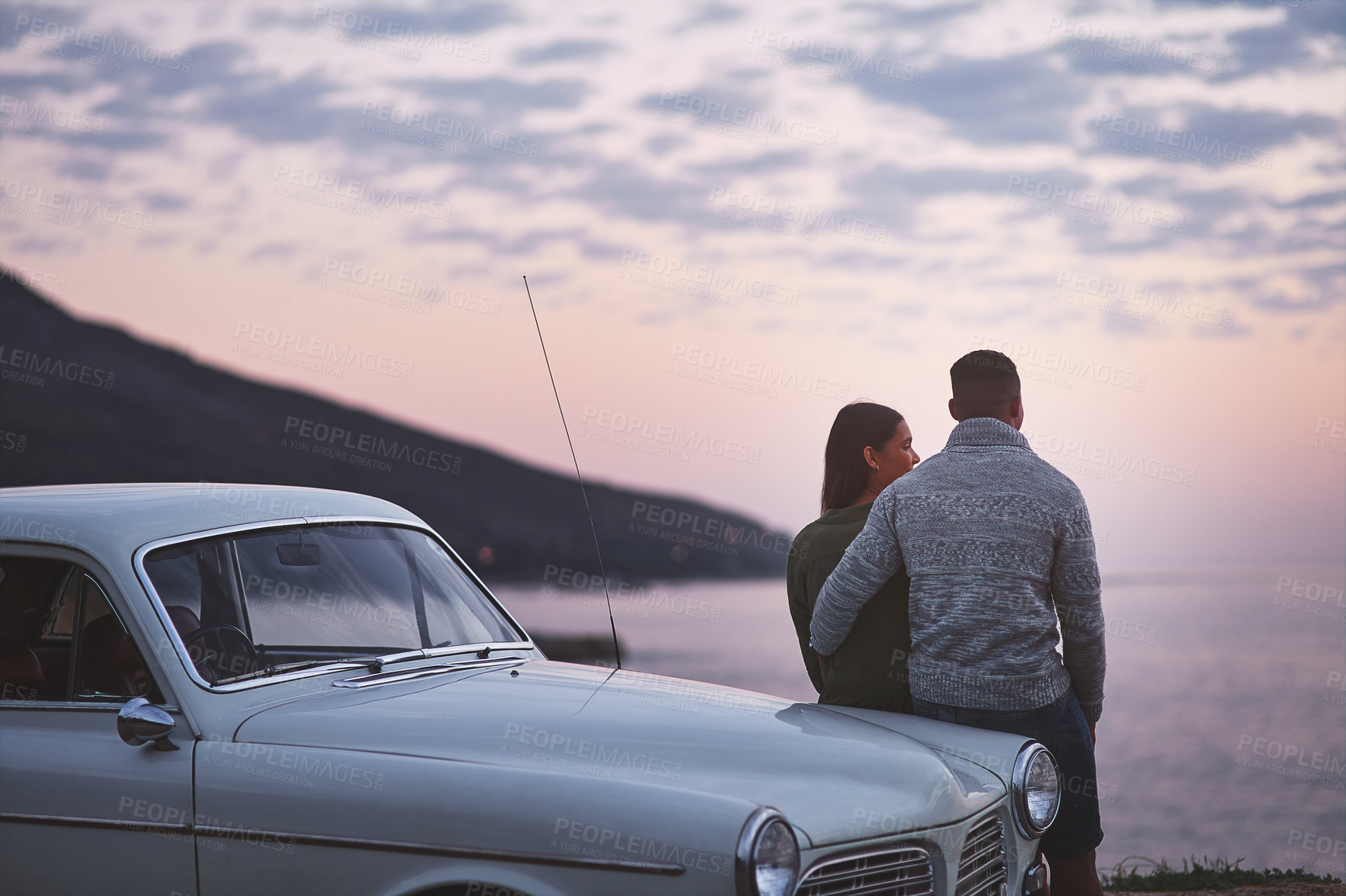 Buy stock photo Couple, back and car by beach for road trip, romance and holiday together with fun adventure. People, love and connection outdoor for travel, relationship and vacation with journey, bonding or relax 