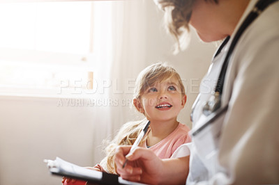 Buy stock photo Child, family doctor and pediatrician talking with medical checklist in hospital for wellness. Happiness, clinic consultant and professional with healthcare and kids appointment with consulting form