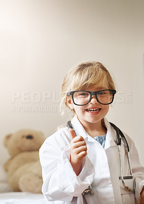 Buy stock photo Nurse, portrait and girl child with thumbs up for young physician, agreement and future career in home. Healthcare, glasses and kid with good news for educational play, development or approval