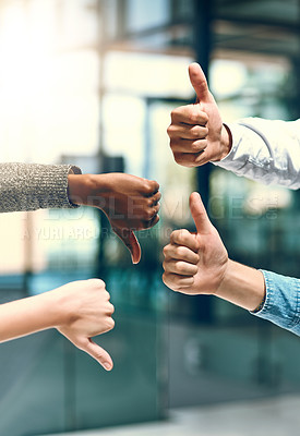 Buy stock photo Thumbs up, down and hands with people for vote, decision and startup feedback for creative agency. Teamwork, employees or managers with review gesture for yes, no and different opinion in workplace