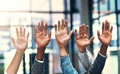 Buy stock photo Business people, hands together and question in a office meeting with diversity and at work. Collaboration, teamwork and solidarity of staff with arms and hand raised in a workplace with company team