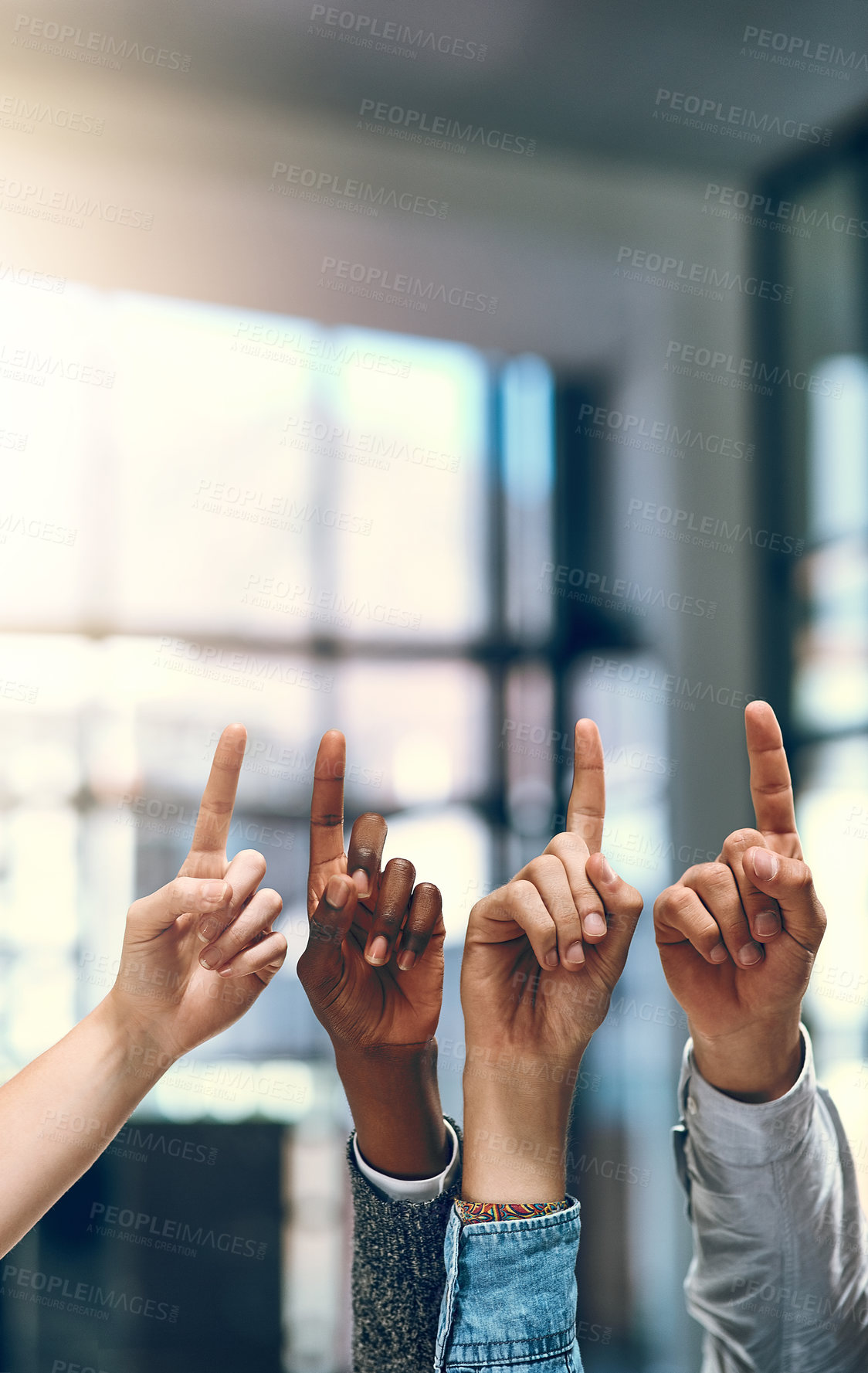 Buy stock photo Business people, fingers and sign for vote in office, feedback and emoji for pointing together. Employees, team building and hand up for problem solving or solution, workshop and staff opinion