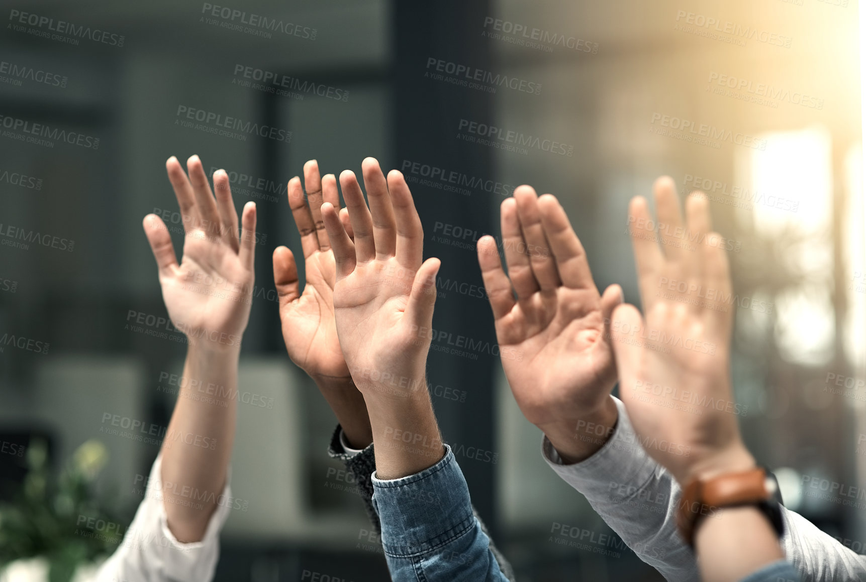 Buy stock photo Crowd, hands raised and business people vote in office for volunteer, agreement or support. Audience, group and ask question with staff at workshop for training, feedback or answer orientation query