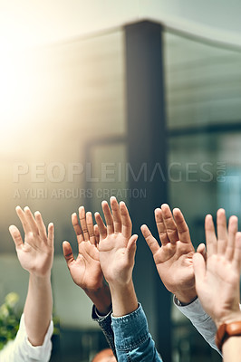 Buy stock photo Business group, hands and question in a office meeting with diversity and at work. Collaboration, teamwork and solidarity of staff with arms and hand raised in a workplace with company mockup