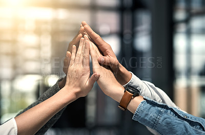 Buy stock photo Hands, staff and group for high five in workplace, motivation and solidarity in team building. Business people, collaboration and community for teamwork planning, together and support in mission