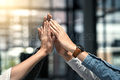 Buy stock photo Hands, employees and group for high five in office, motivation and solidarity in team building. Business people, collaboration and community for teamwork planning, together and support in mission