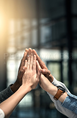 Buy stock photo Group, business people and hands in office for high five, celebration and success for corporate project. Flare, employees or consultant in collaboration for achievement, support or team for well done