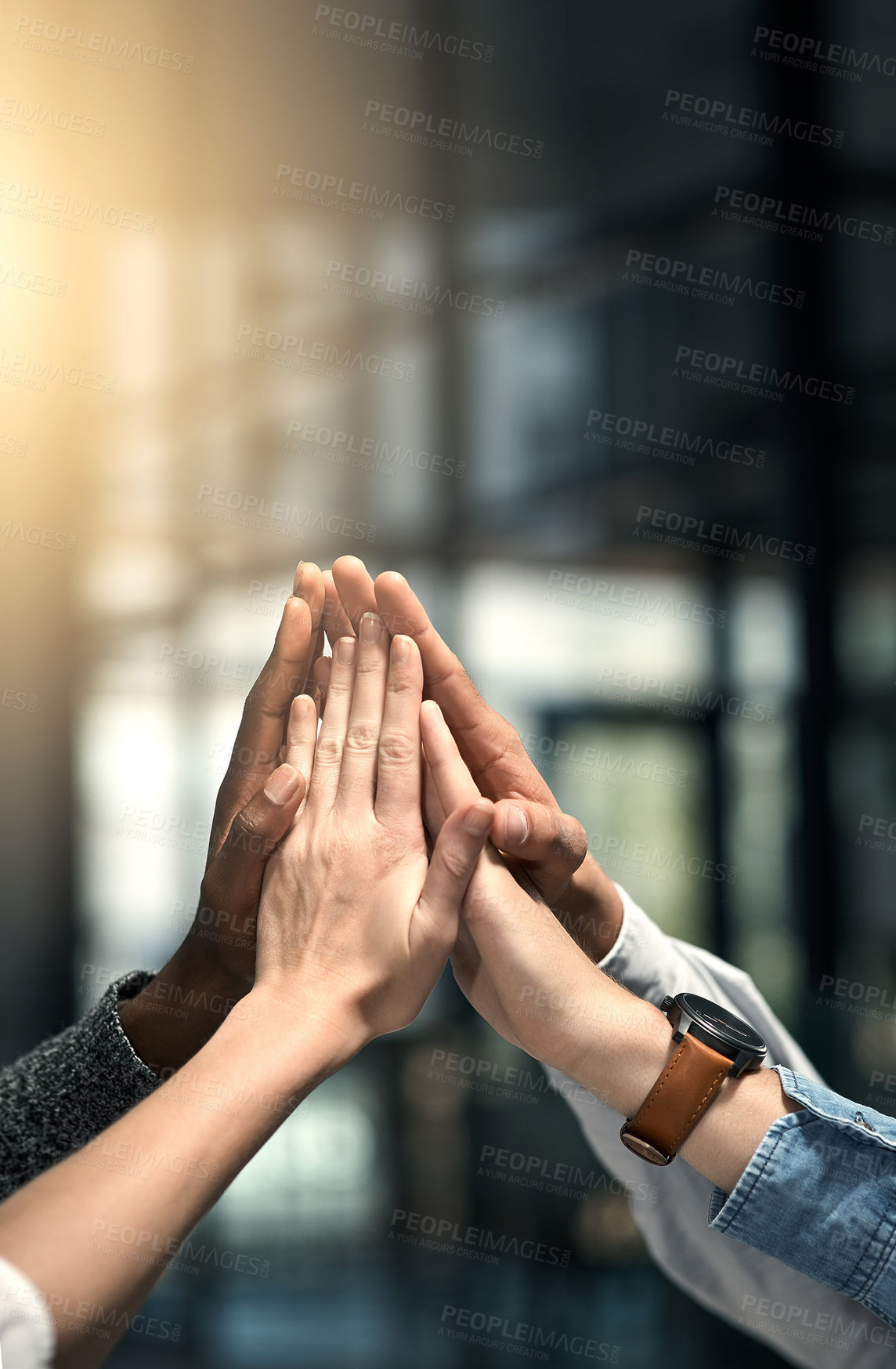 Buy stock photo Group, business people and hands in office for high five, celebration and success for corporate project. Flare, employees or consultant in collaboration for achievement, support or team for well done