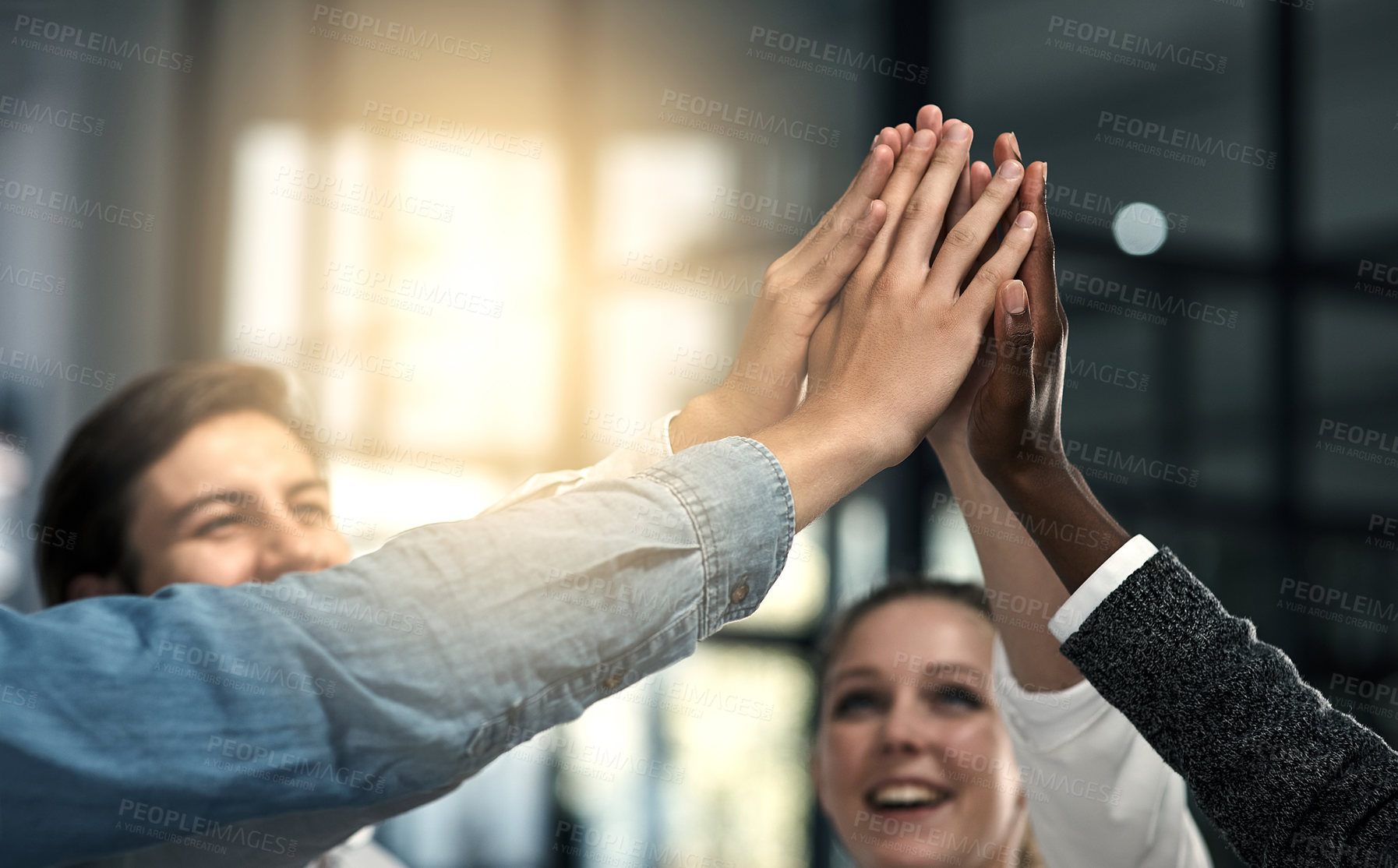 Buy stock photo Deal, business people and hands in office for high five, team and celebrate for corporate project. Flare, employees and managers in collaboration for achievement, success and support for well done