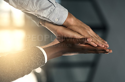 Buy stock photo Hands, employees and meeting for pile in office, motivation and solidarity in team building. Business people, collaboration and community for teamwork planning, celebrate and support in mission