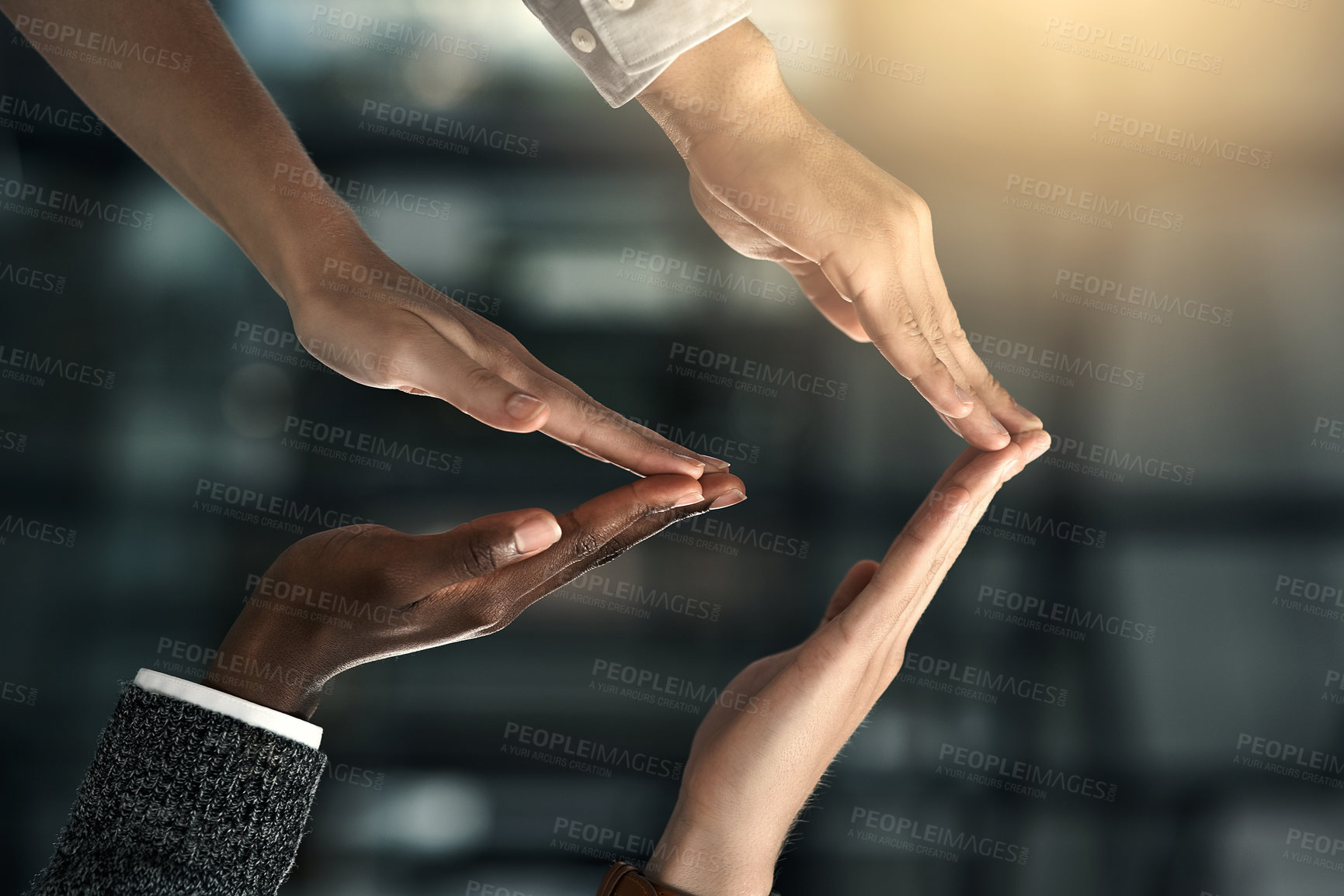 Buy stock photo Teamwork, support and hands of business people in office for collaboration, connection and meeting in company. Corporate, diversity and fingers of workers for agreement, cooperation or partnership