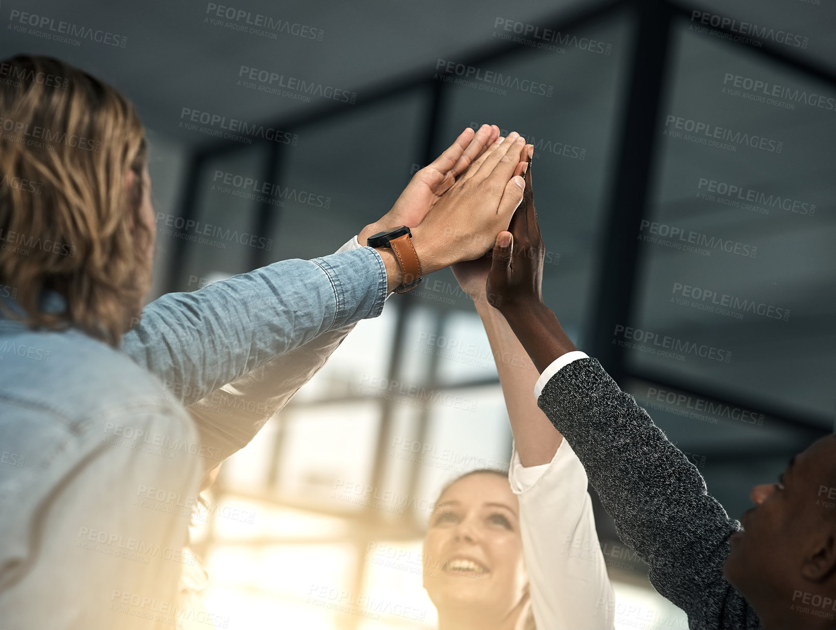 Buy stock photo Hands, employees and together for high five in office, motivation and solidarity in team building. Business people, collaboration and community for teamwork planning, celebrate and support in mission