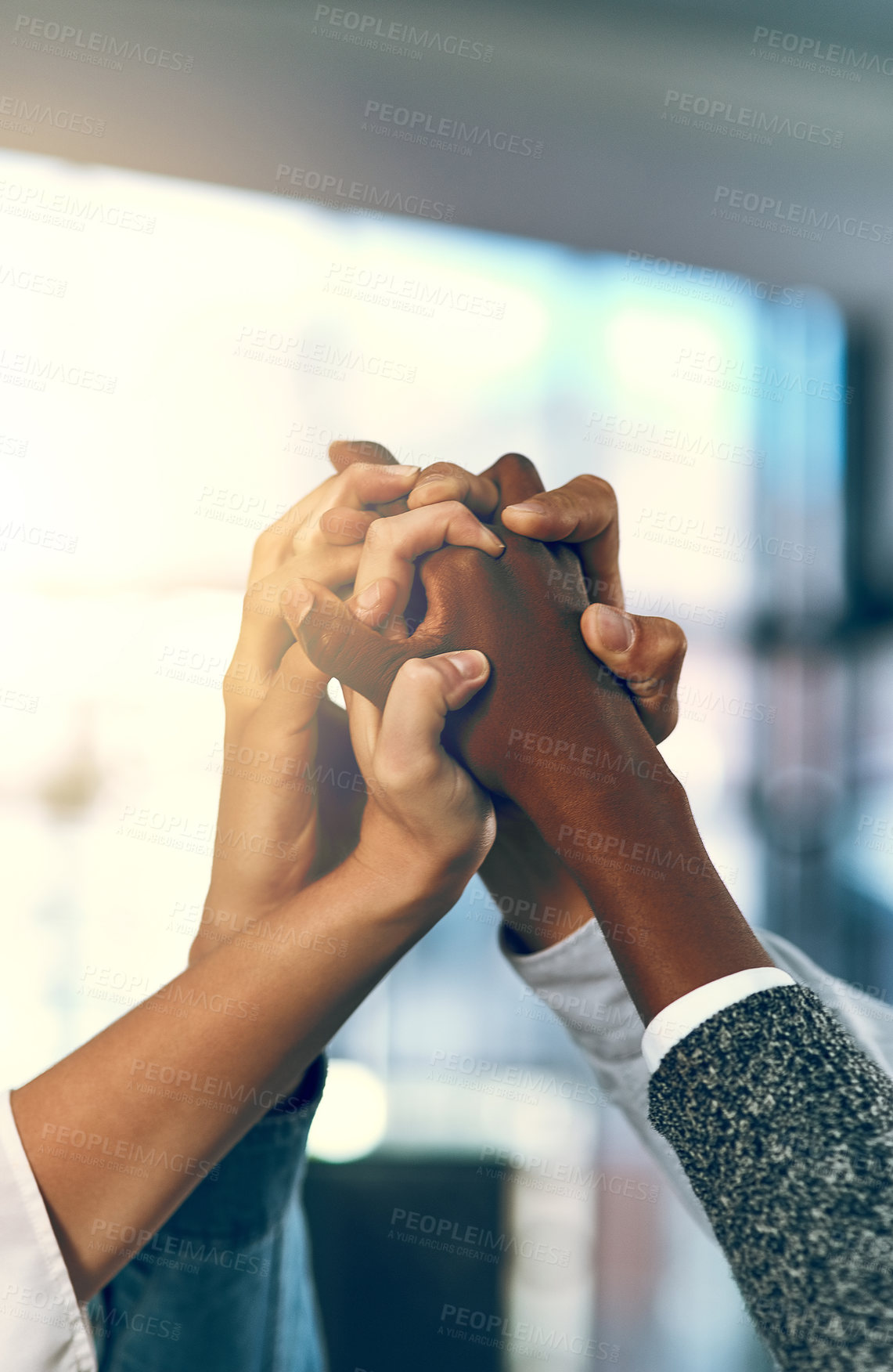 Buy stock photo Unity, business people and hands up in office for diversity, inclusion and acceptance for equal opportunity. Trust, employees or motivation with solidarity for group, awareness or support for team