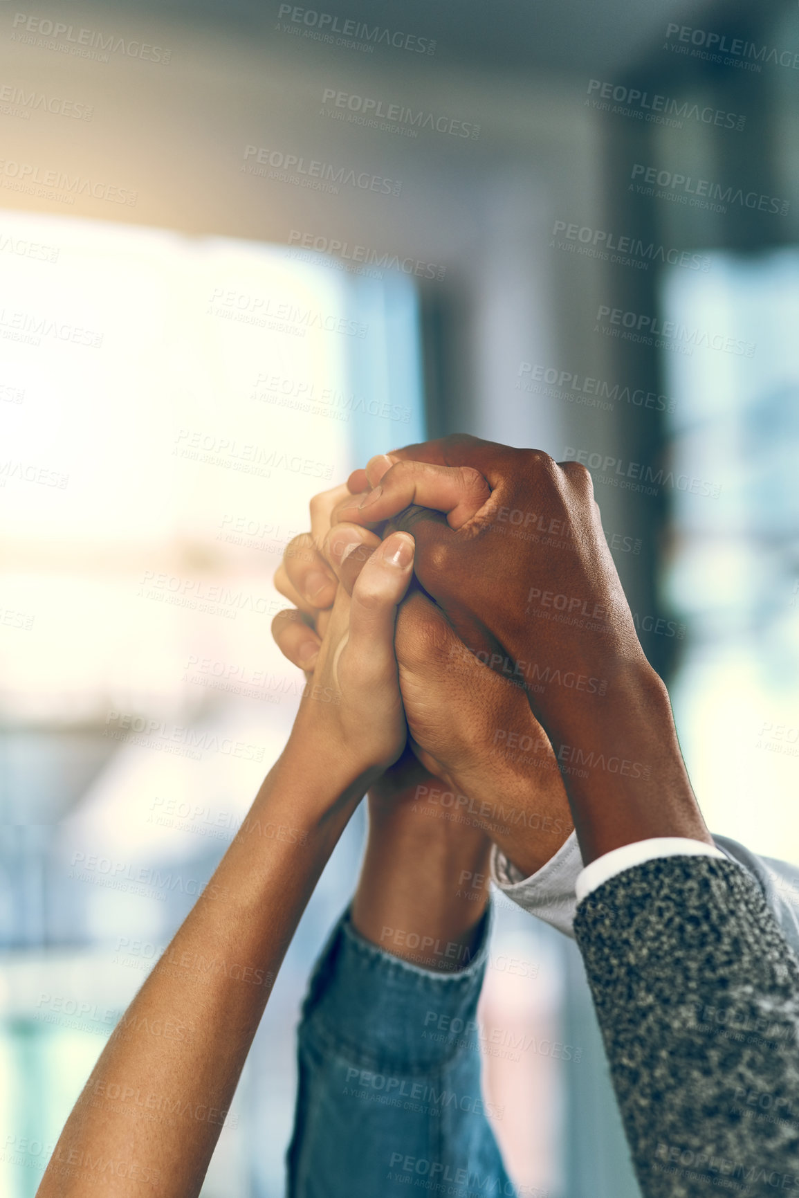 Buy stock photo Business people, together and hands up in office for diversity, inclusion and acceptance for equal opportunity. Trust, employees and teamwork with solidarity for group, awareness or support for goals