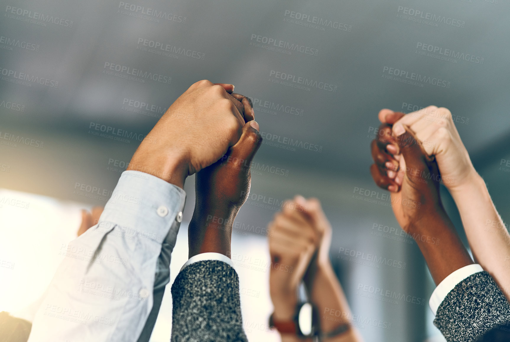 Buy stock photo Business people, hands together and unity with meeting for diversity. teamwork or collaboration at office. Closeup or group of employees touching in solidarity for inclusion or mission at workplace