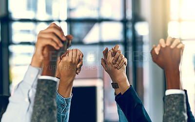 Buy stock photo Business people, hands together and unity with meeting for team building, diversity or collaboration at office. Closeup or group of employees touching in solidarity, inclusion or mission at workplace