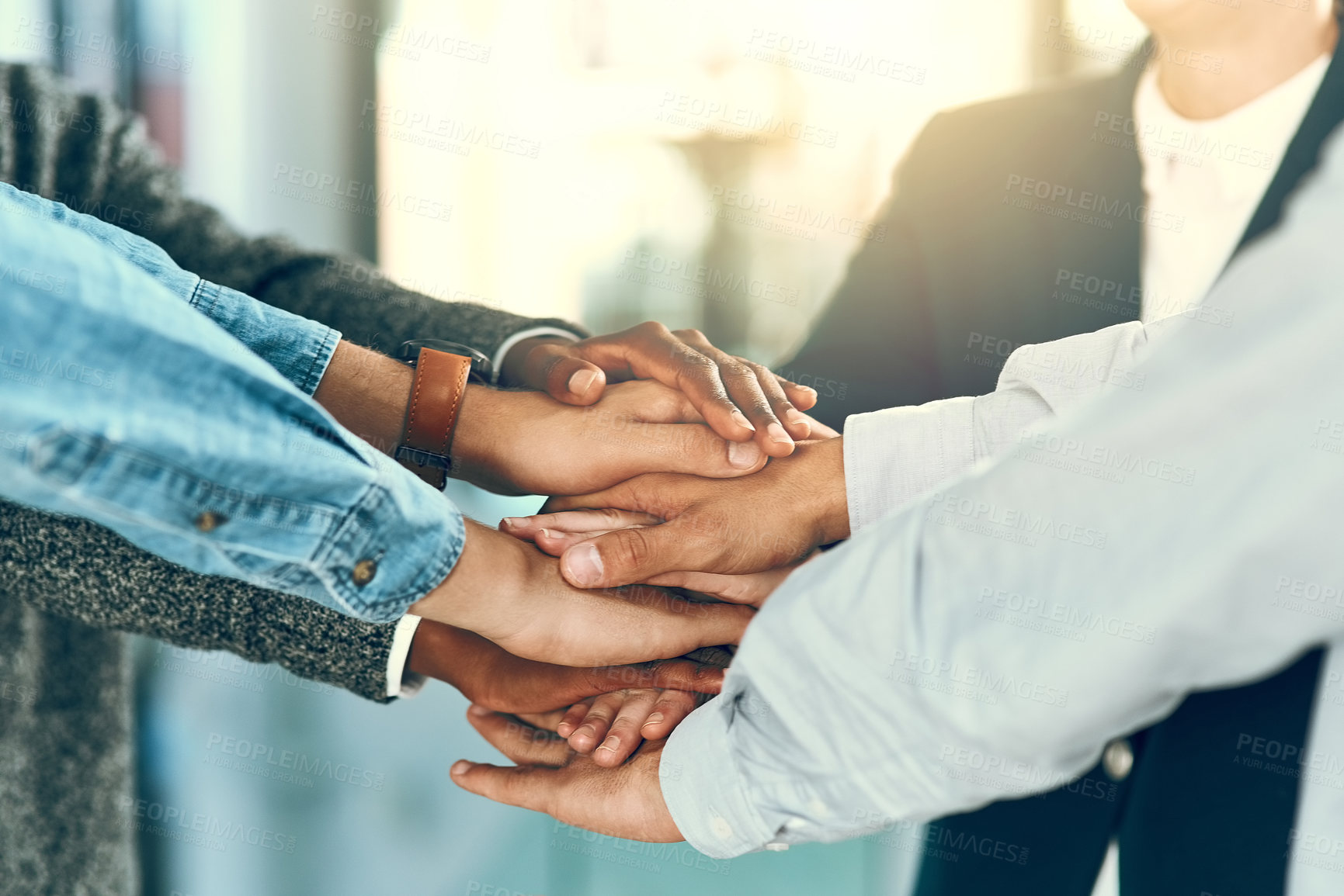 Buy stock photo Business people, hands and huddle in office for team building, inclusion and equality with motivation for career. Corporate job, employees and stack in collaboration for solidarity, support and goals