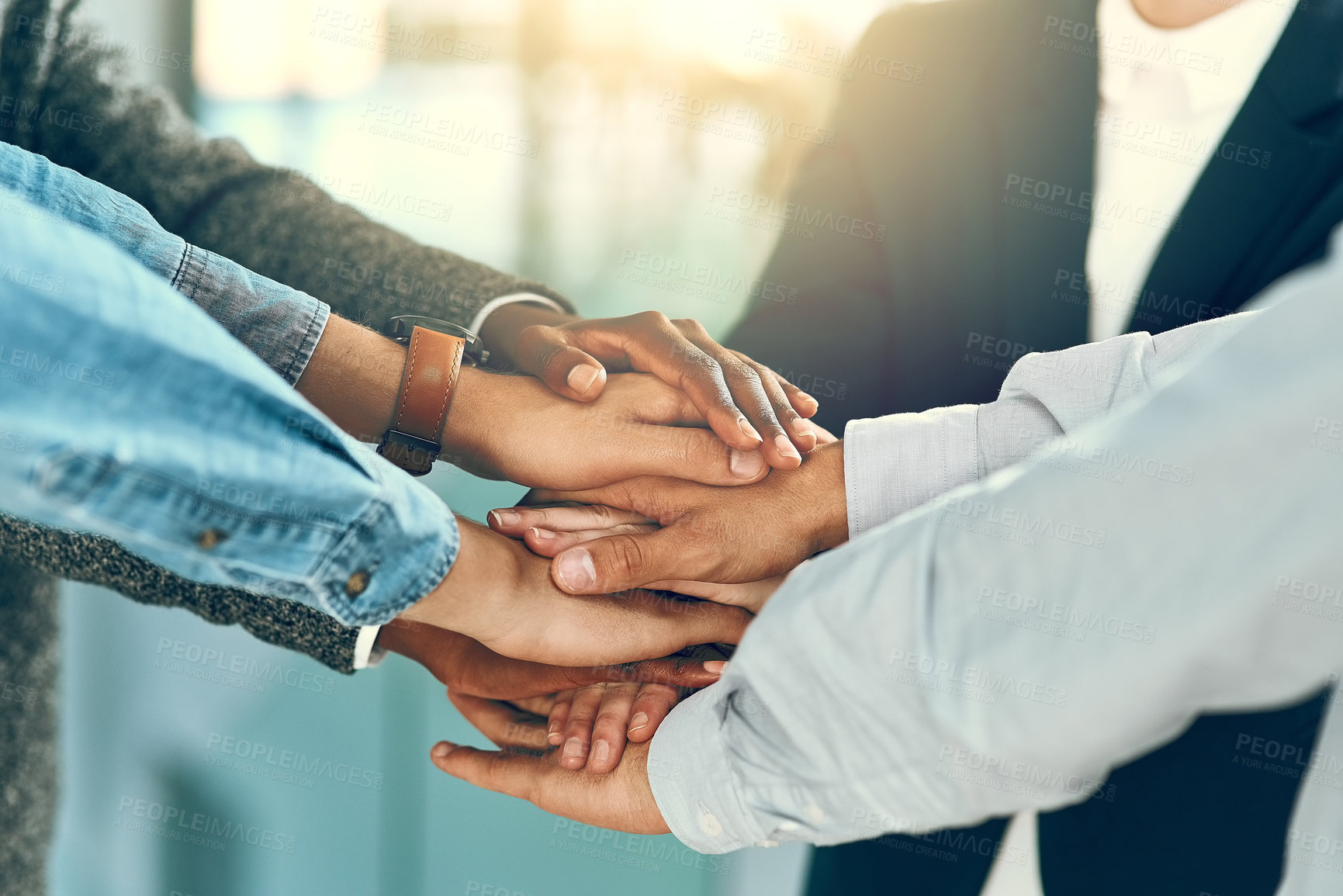 Buy stock photo Staff, group and hands pile for solidarity in office, community and teamwork collaboration for goals. Employees, stack and company motivation for target in workplace, united and together for business