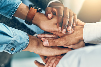 Buy stock photo Business, people and hands with stack for collaboration with employee solidarity, inclusion or equality in workplace. Diversity group, pile and gesture for staff support, team building or cooperation