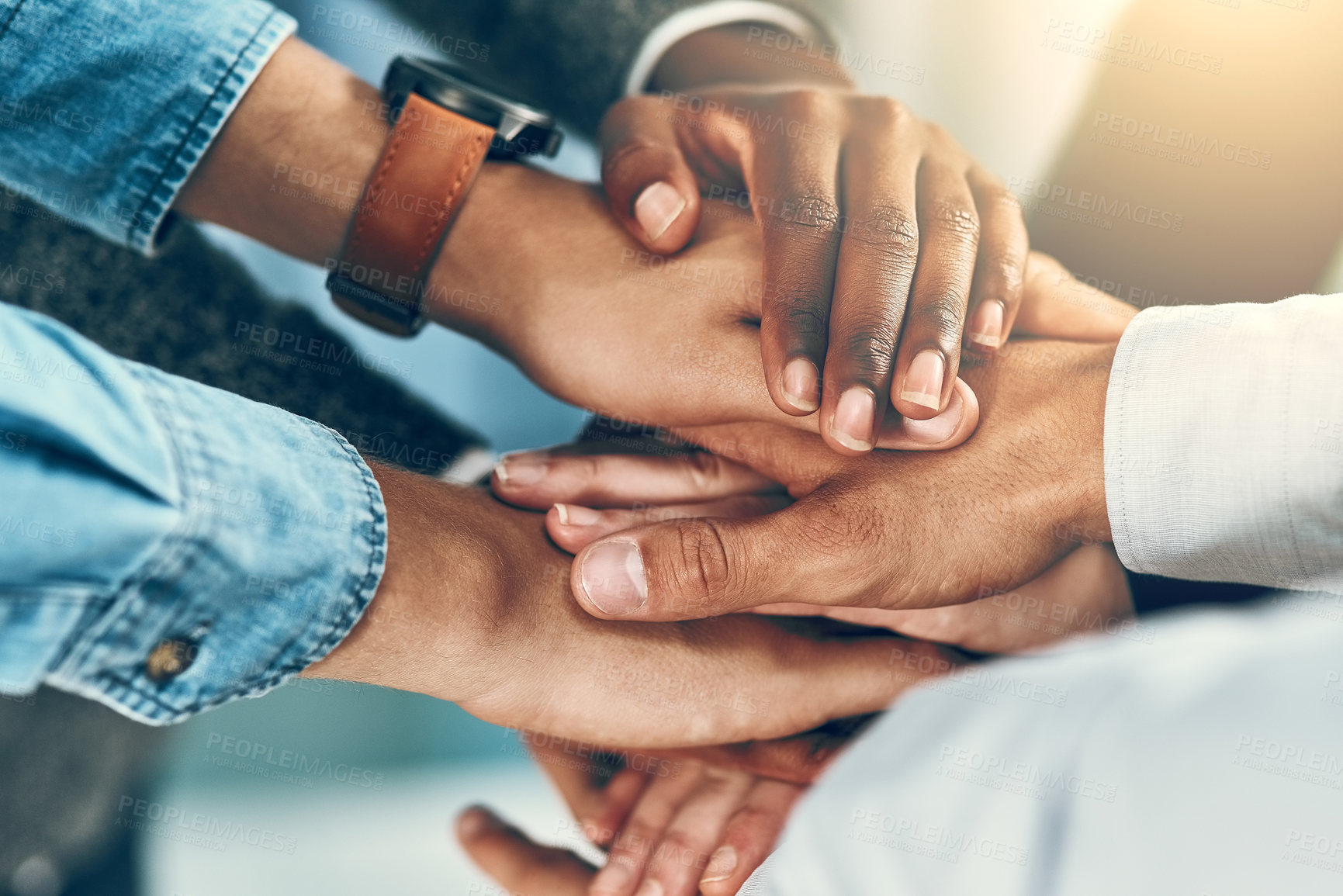 Buy stock photo Business, people and hands with stack for collaboration with employee solidarity, inclusion or equality in workplace. Diversity group, pile and gesture for staff support, team building or cooperation