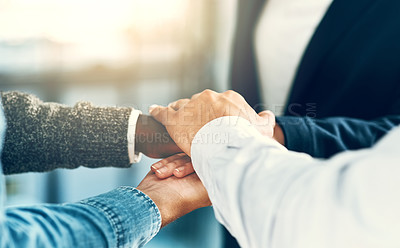 Buy stock photo Business, people and hands with pile for collaboration with employee solidarity, inclusion and equality in workplace. Group success, stack and gesture for staff support, team building and celebration