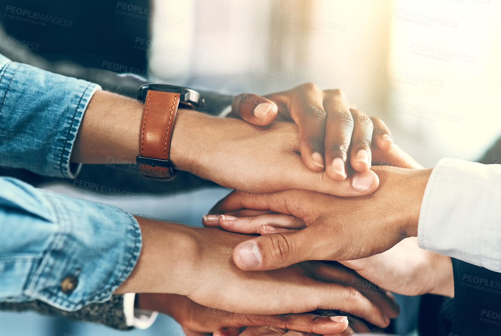 Buy stock photo Business, people and hands with stack for teamwork with employee solidarity, inclusion and equality in workplace. Diversity group, pile and gesture for staff support, deal celebration and cooperation