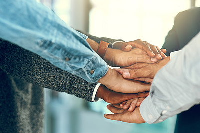 Buy stock photo Business people, hands and huddle in office for solidarity, support and equality with motivation for career. Corporate job, employees and stack in collaboration for success, team building and goals