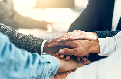 Buy stock photo Business, group and hands with pile for teamwork with employee solidarity, inclusion and diversity in workplace. Success stack, people and collaboration with staff support, motivation and celebration