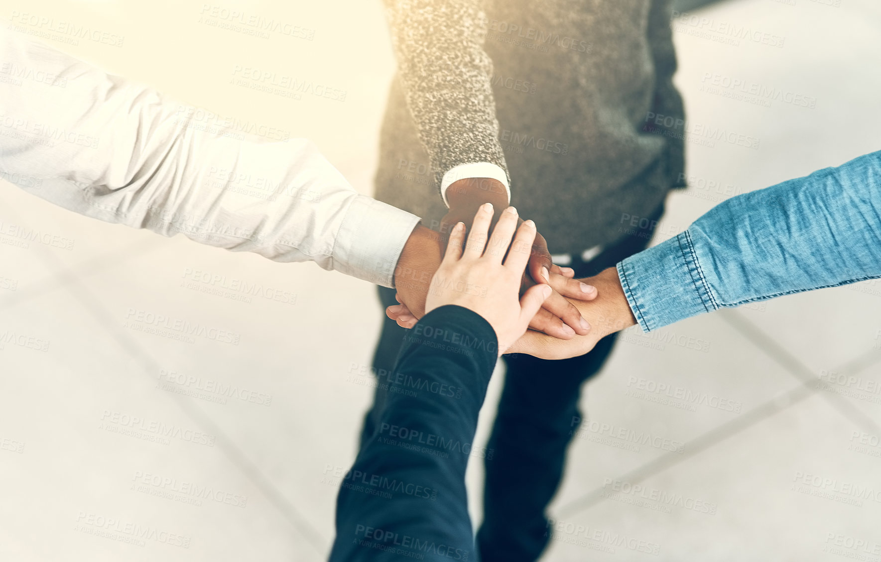 Buy stock photo Business, group and hands with pile for collaboration with employee solidarity, inclusion and equality in workplace. Success stack, people and top view with staff support, motivation and celebration