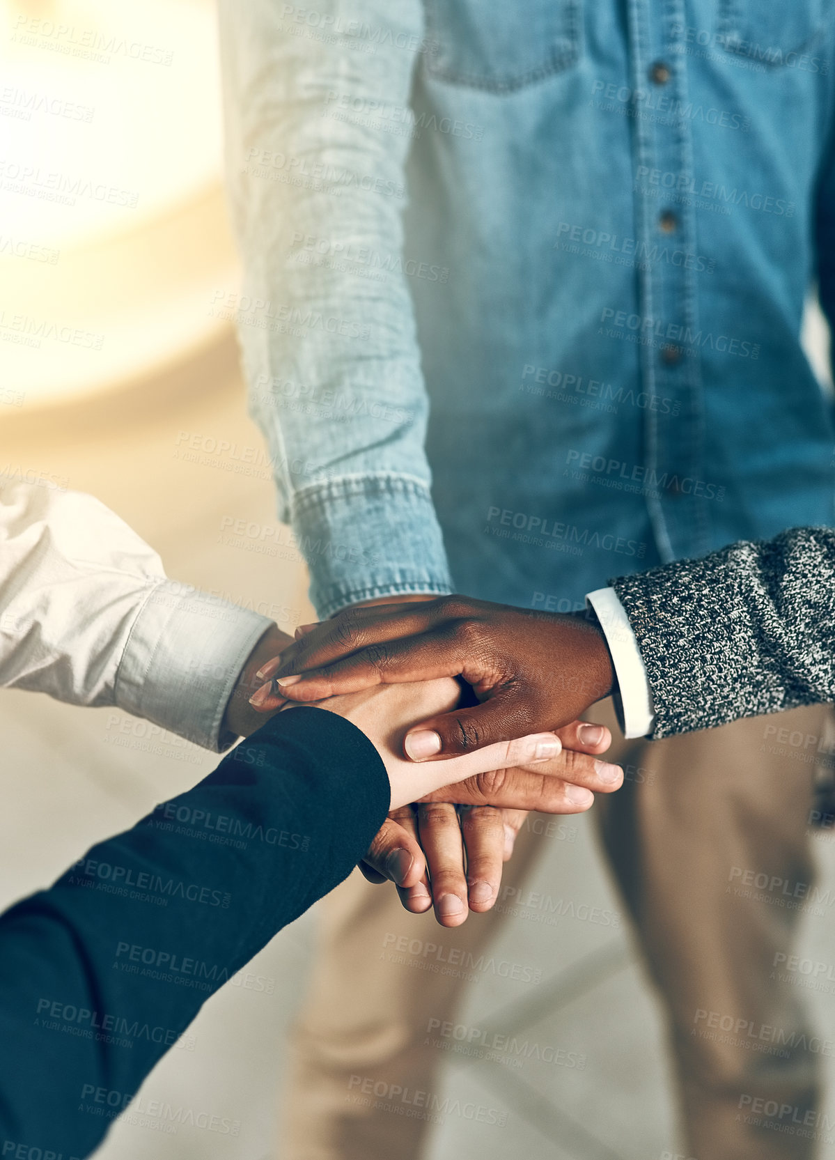 Buy stock photo Business, group and hands with pile for support with employee solidarity, motivation and equality in workplace. Success stack, people or collaboration with staff inclusion, partnership or cooperation