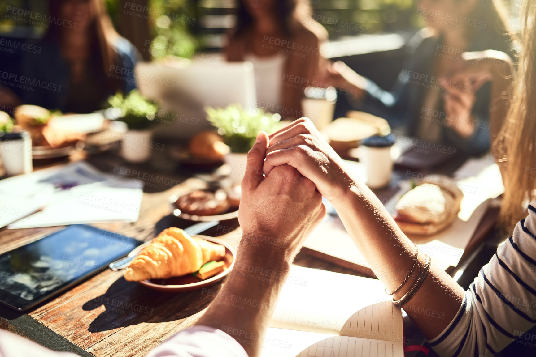 Buy stock photo Holding hands, business and people with prayer for food, finance planning and budget documents of teamwork. Staff, thanks and group with paperwork, graphs and profit stats for kpi accounting at cafe