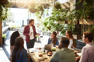 Buy stock photo Presentation, restaurant and business people in meeting for discussion, planning and communication. Coffee shop, teamwork and men and women talking for team building, collaboration and project ideas