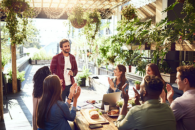 Buy stock photo Presentation, restaurant and business people applause in meeting for discussion, planning and collaboration. Coffee shop, winning and men and women at lunch for team building, achievement or teamwork