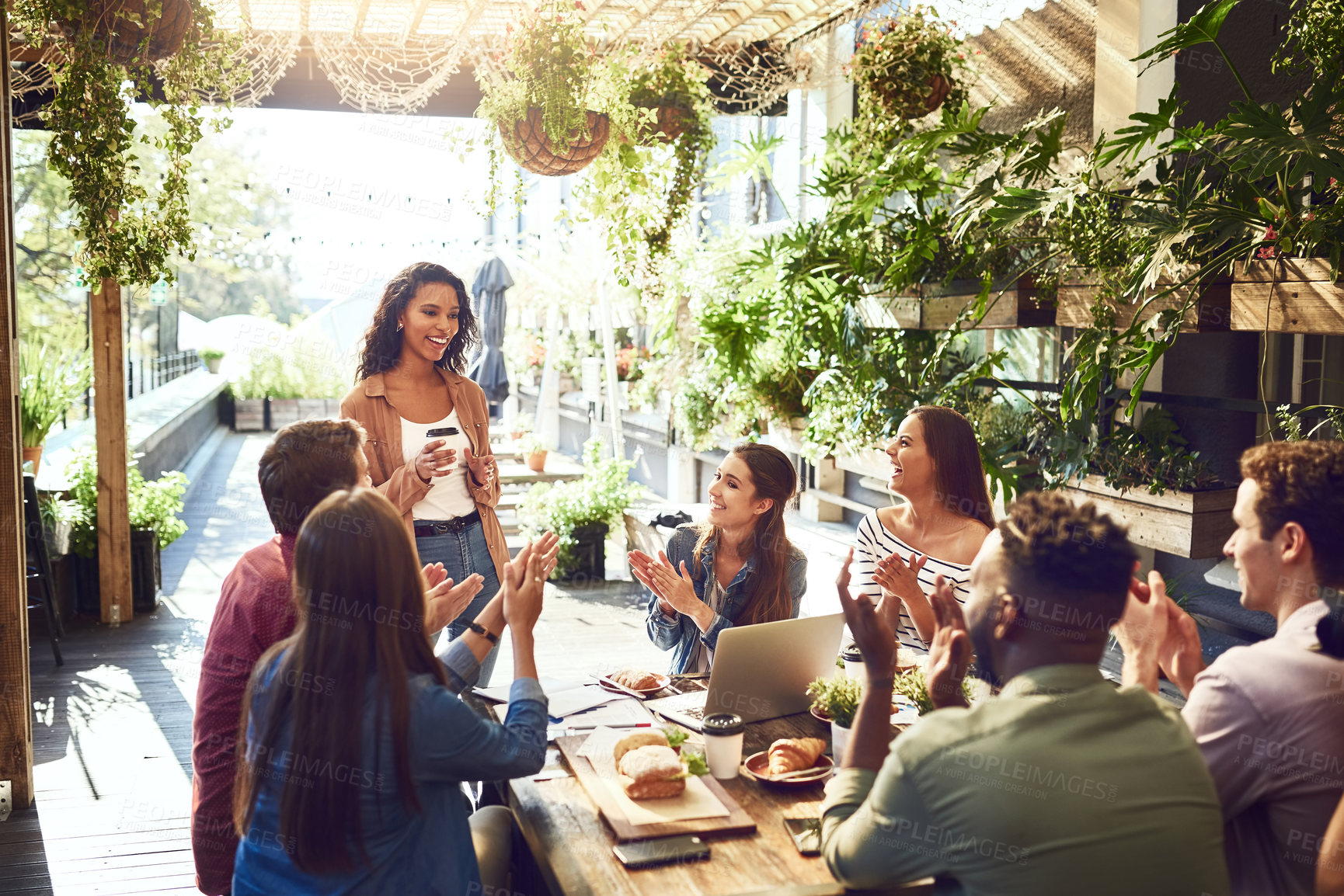 Buy stock photo Restaurant, meeting and woman with business people applause for lunch discussion, planning and presentation. Cafe, teamwork and men and women celebrate for team building, collaboration or achievement