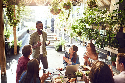 Buy stock photo Applause, restaurant and black man with business people in meeting for lunch discussion, planning and success. Cafe, teamwork and men and women clapping for winning, collaboration and achievement