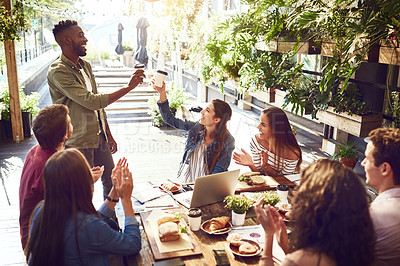 Buy stock photo Applause, restaurant and happy business people in lunch meeting for discussion, planning and victory. Cafe, teamwork success and men and women clapping for winning, collaboration and achievement