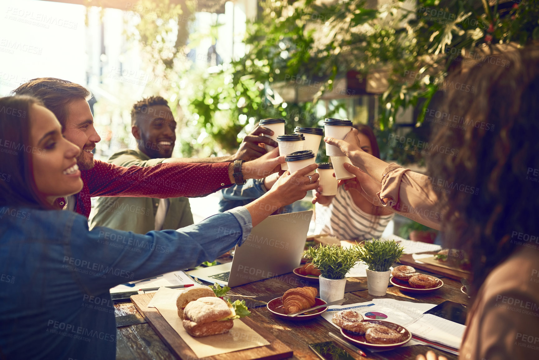 Buy stock photo Business people, cup and cheers at meeting in cafe for celebration, company success or team building. Collaboration, creative employees and work social with coffee, happy and toast to client reunion